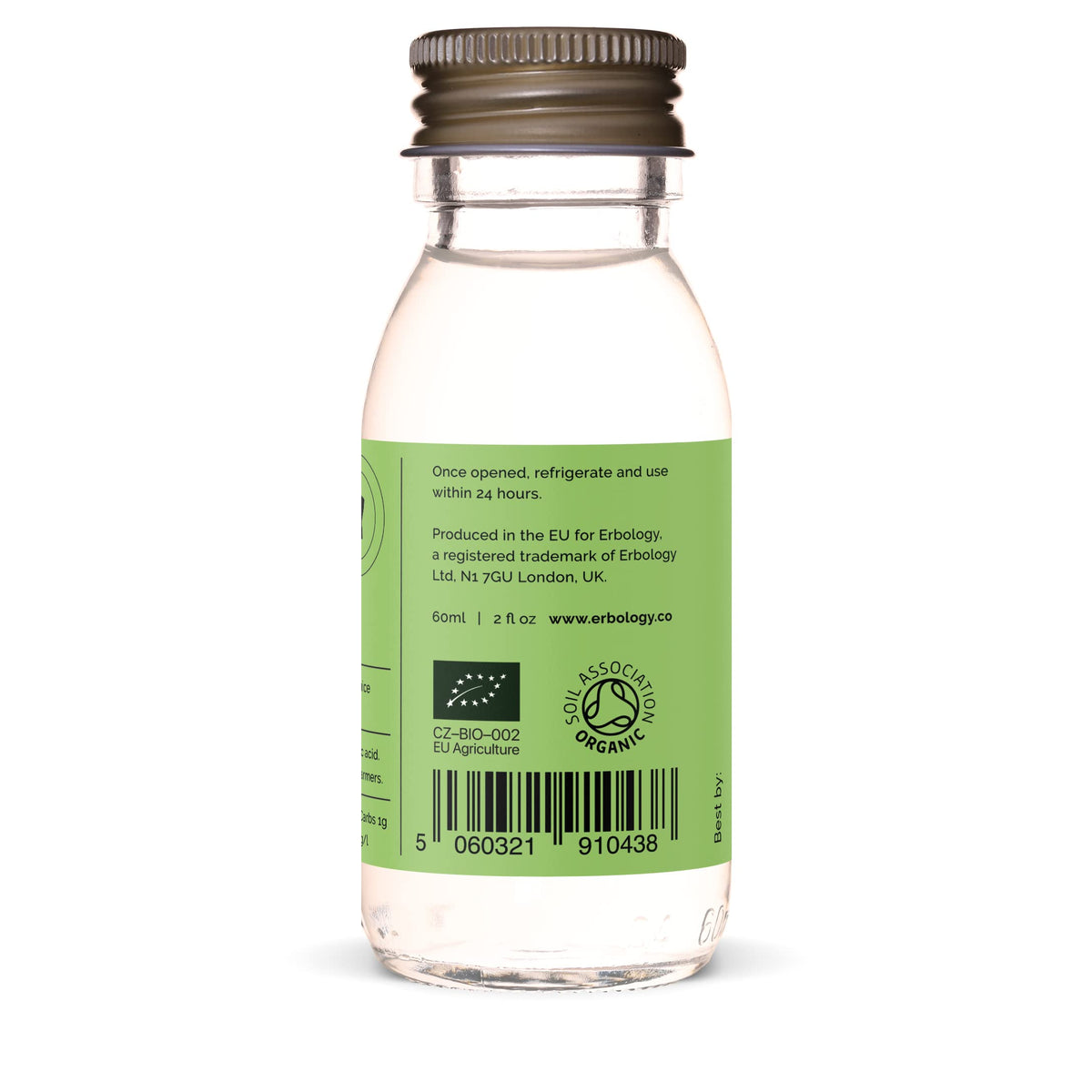 Groupe de bouteilles de jus d'aloe vera Erbology sur une table