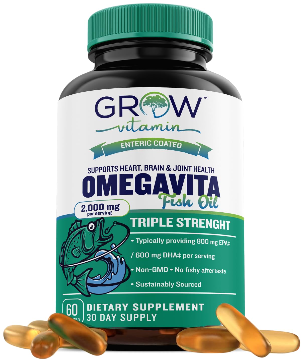 grow vitamin Omega-3 Huile de Poisson 2000 mg EPA 600 mg DHA vue avant