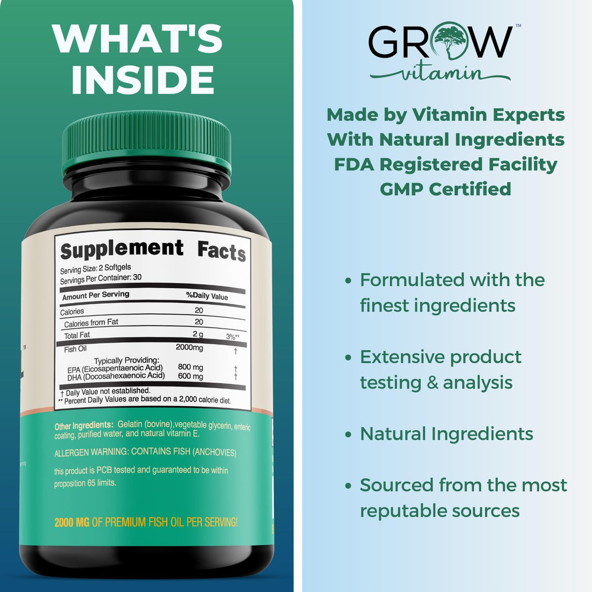 grow vitamin Omega-3 Huile de Poisson gélule à côté d'une cuillère