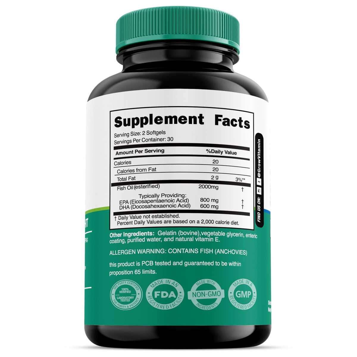 grow vitamin Omega-3 Huile de Poisson gélule montrant la taille