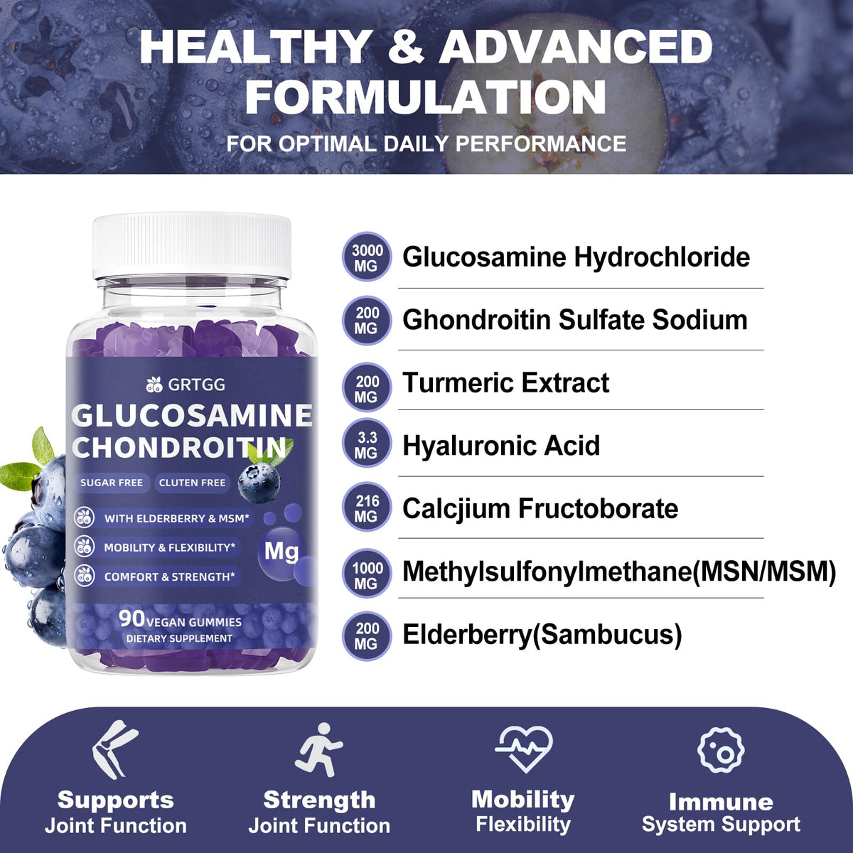 GRTGG Gummies Glucosamine Chondroitine 3000mg avec myrtilles