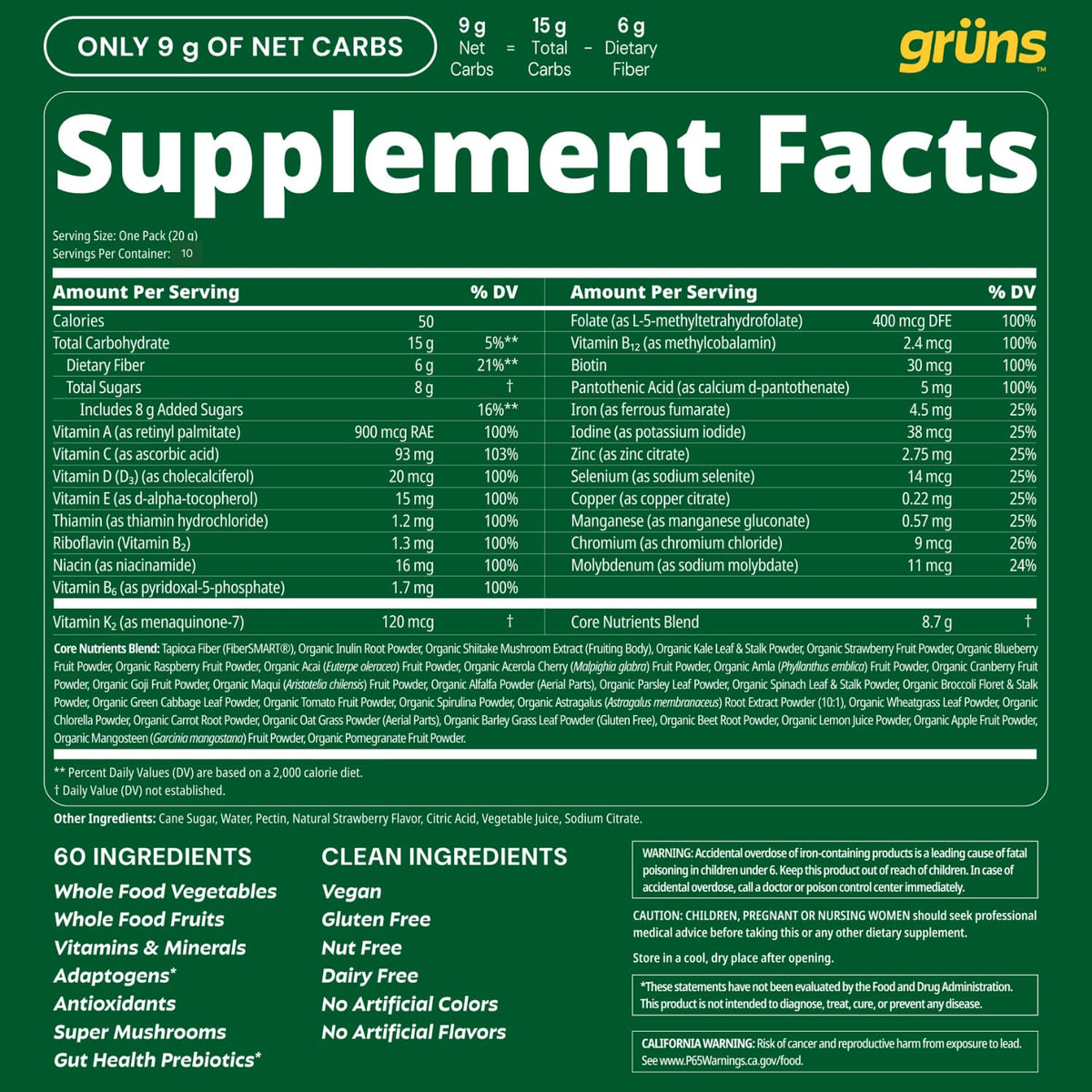 Grüns Gummies Multivitamines affichage des vitamines