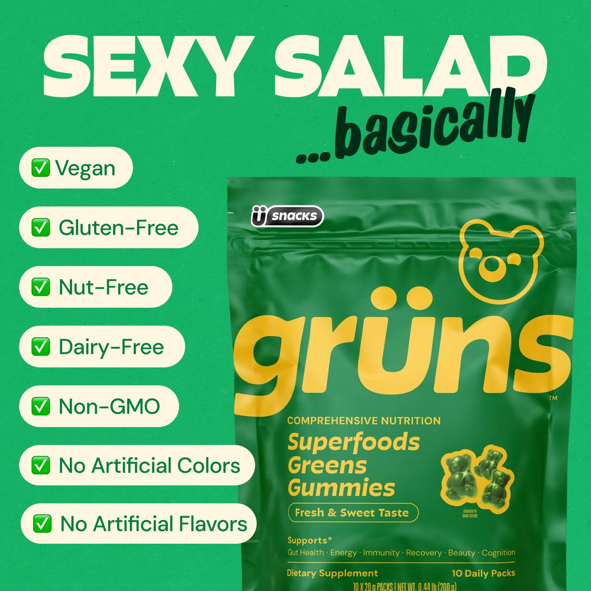 Grüns Gummies Multivitamines bonbons gélifiés sur une table
