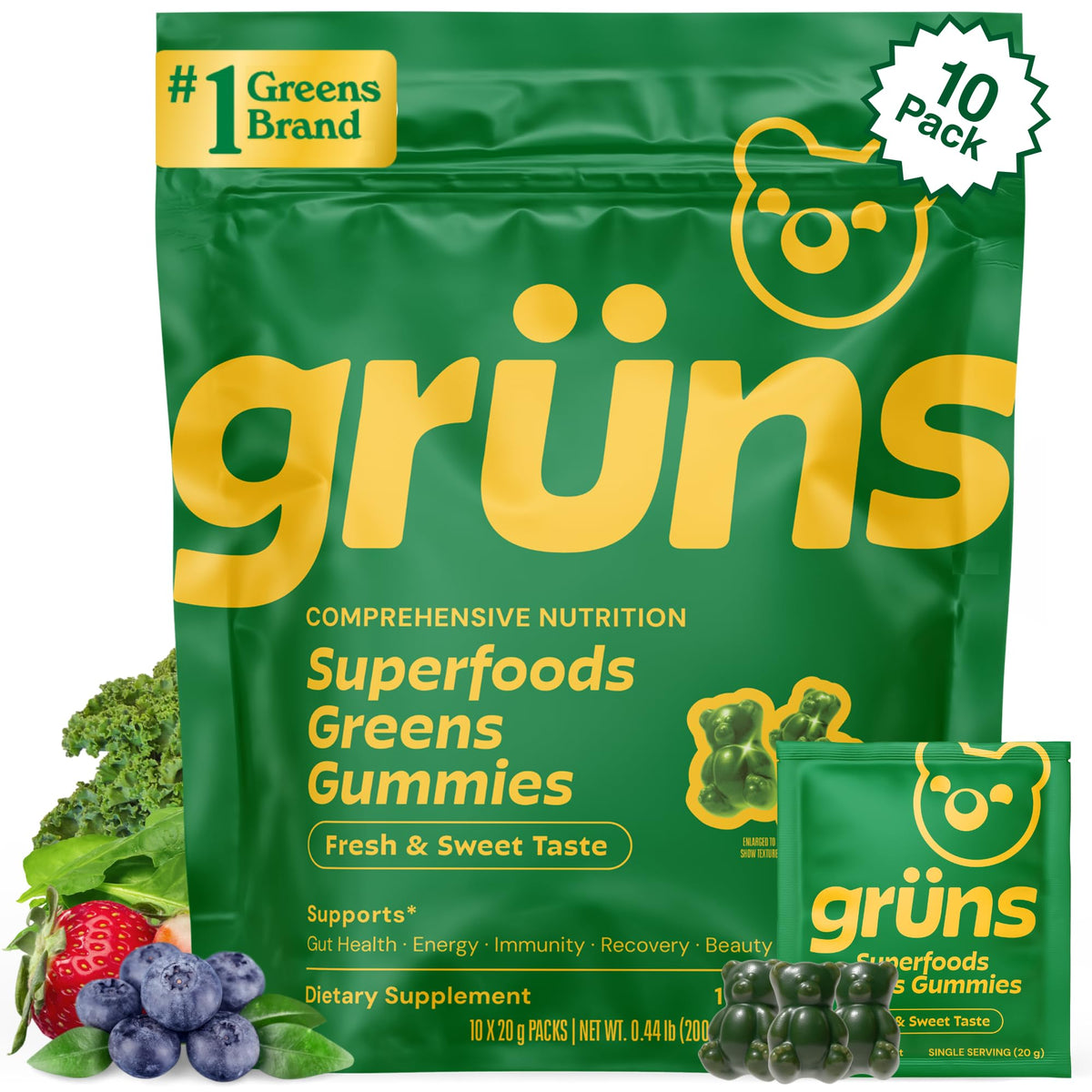 Grüns Gummies Multivitamines paquet avant avec 10 sachets