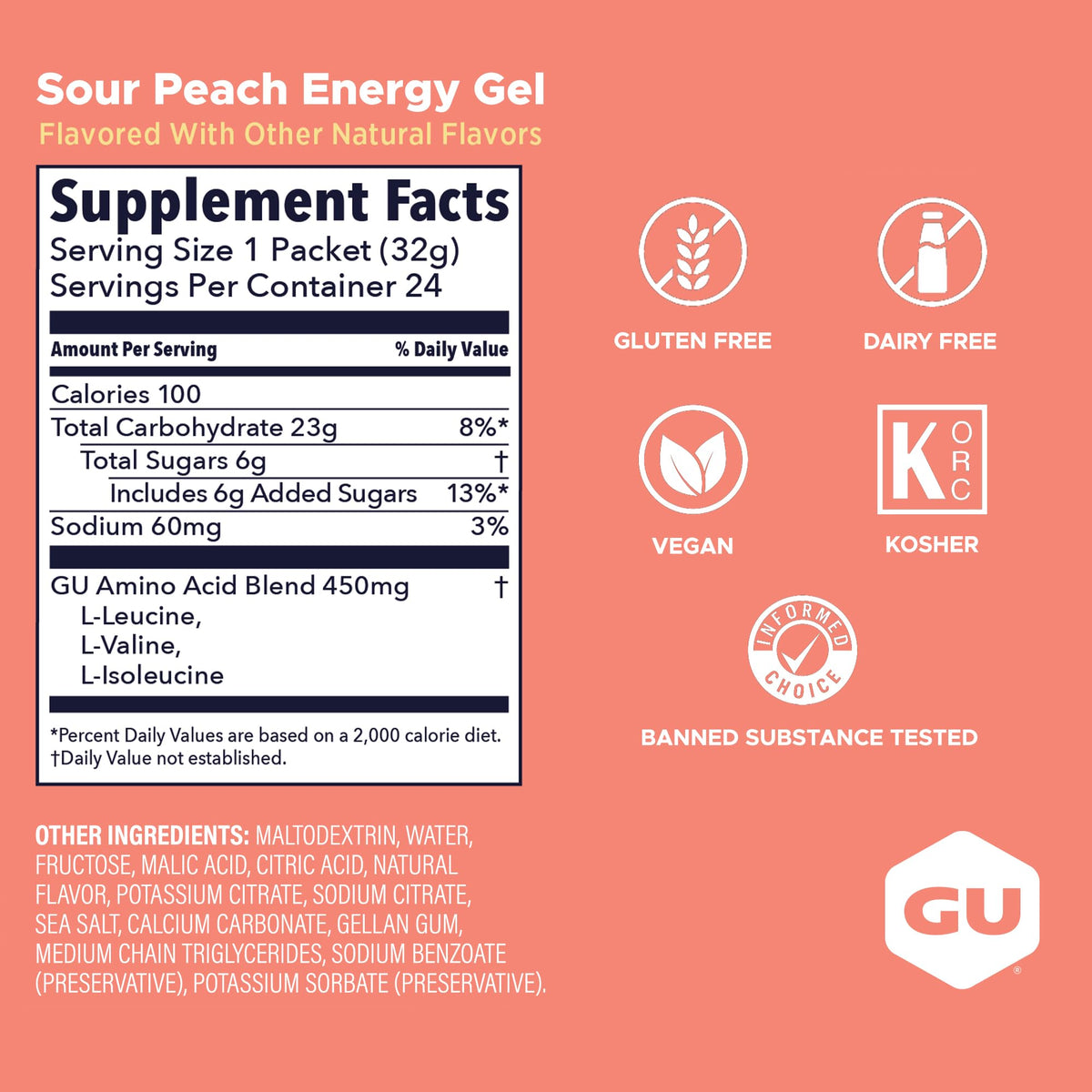 GU Energy Gel Pêche Acide sachets dans un sac de sport