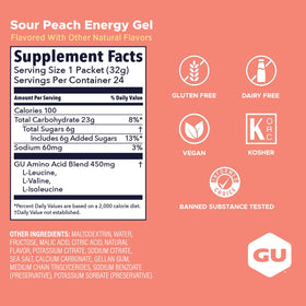 GU Energy Gel Pêche Acide sachets dans un sac de sport