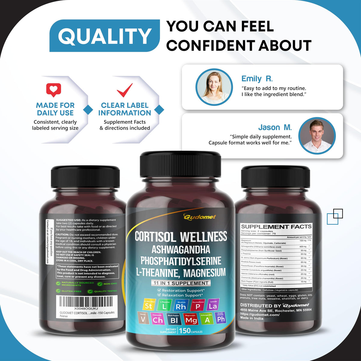 GUDOMET Ashwagandha Capsules sur une table en bois