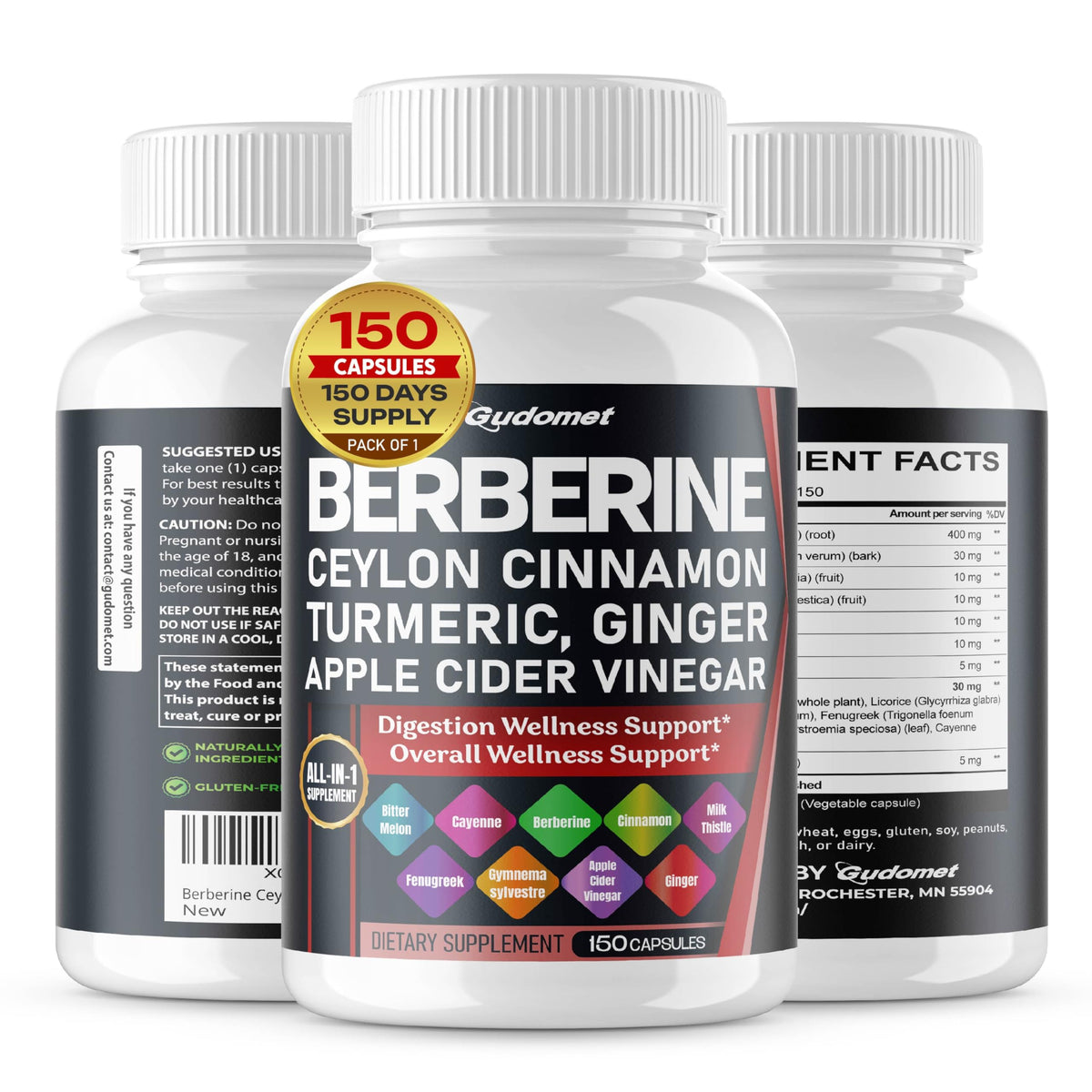 GUDOMET Complément Alimentaire Berbérine HCL 150 Capsules vue de face