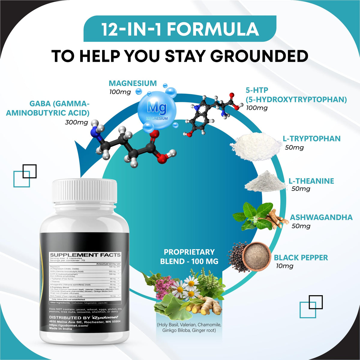 GUDOMET GABA 5-HTP capsules avec étiquette lisible