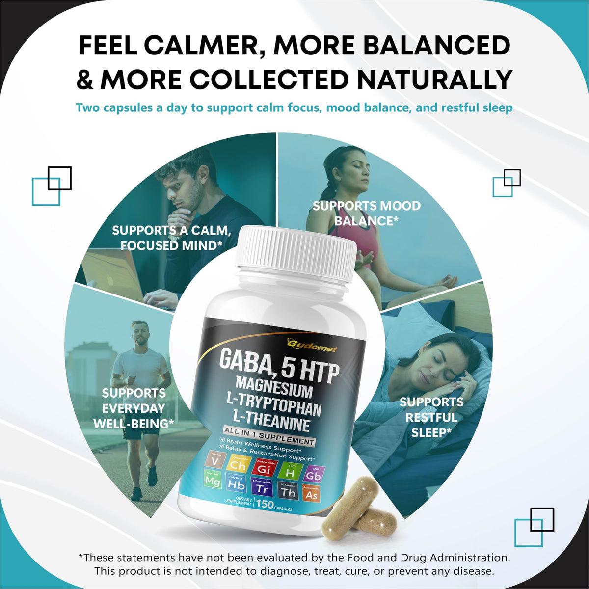 GUDOMET GABA 5-HTP flacon ouvert montrant des capsules