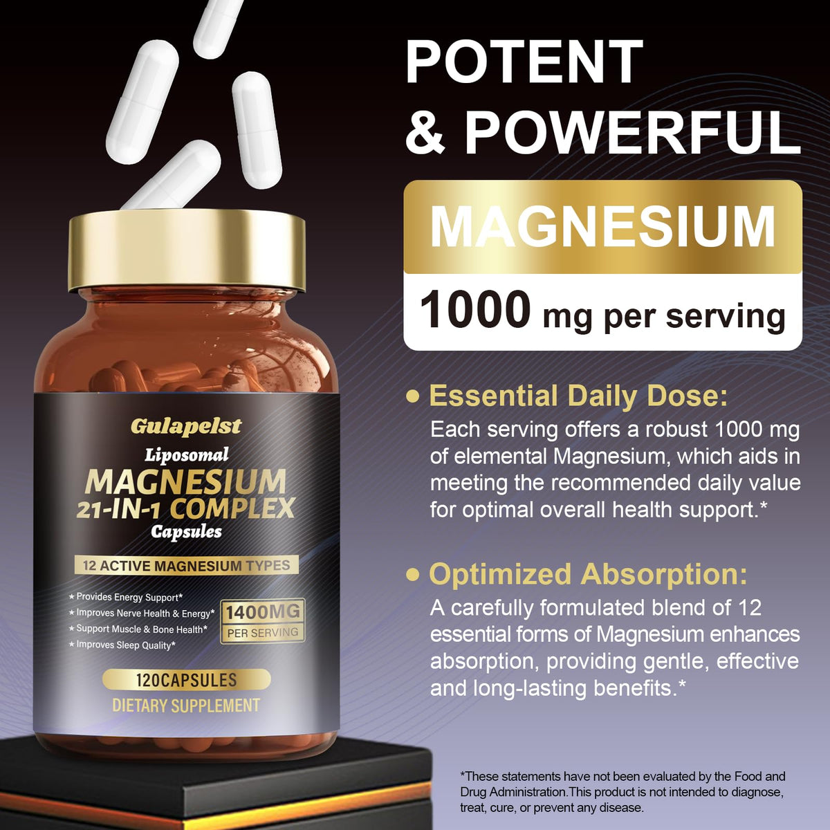 Gulapelst Complex de Magnésium Liposomal 1400mg, capsules en gros plan
