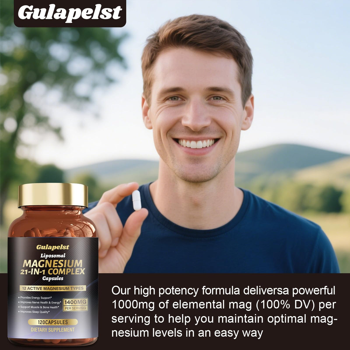 Gulapelst Complex de Magnésium Liposomal 1400mg, présentation sur un fond neutre