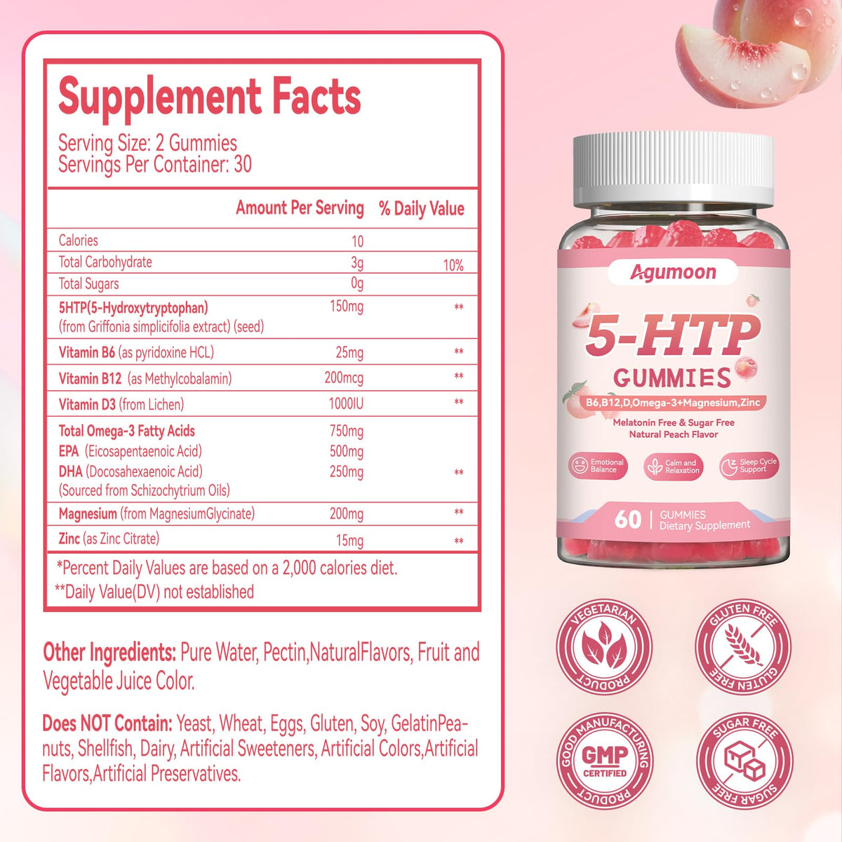 Gummies 5-HTP d'Agumoon montrant les ingrédients