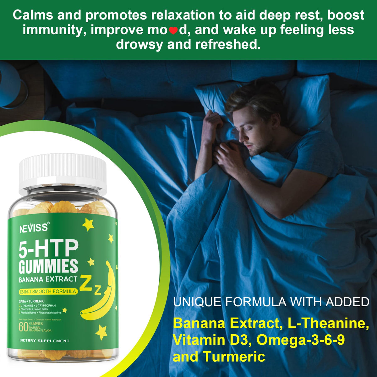 Gummies 5-HTP NEVISS, pot ouvert avec gummies visibles