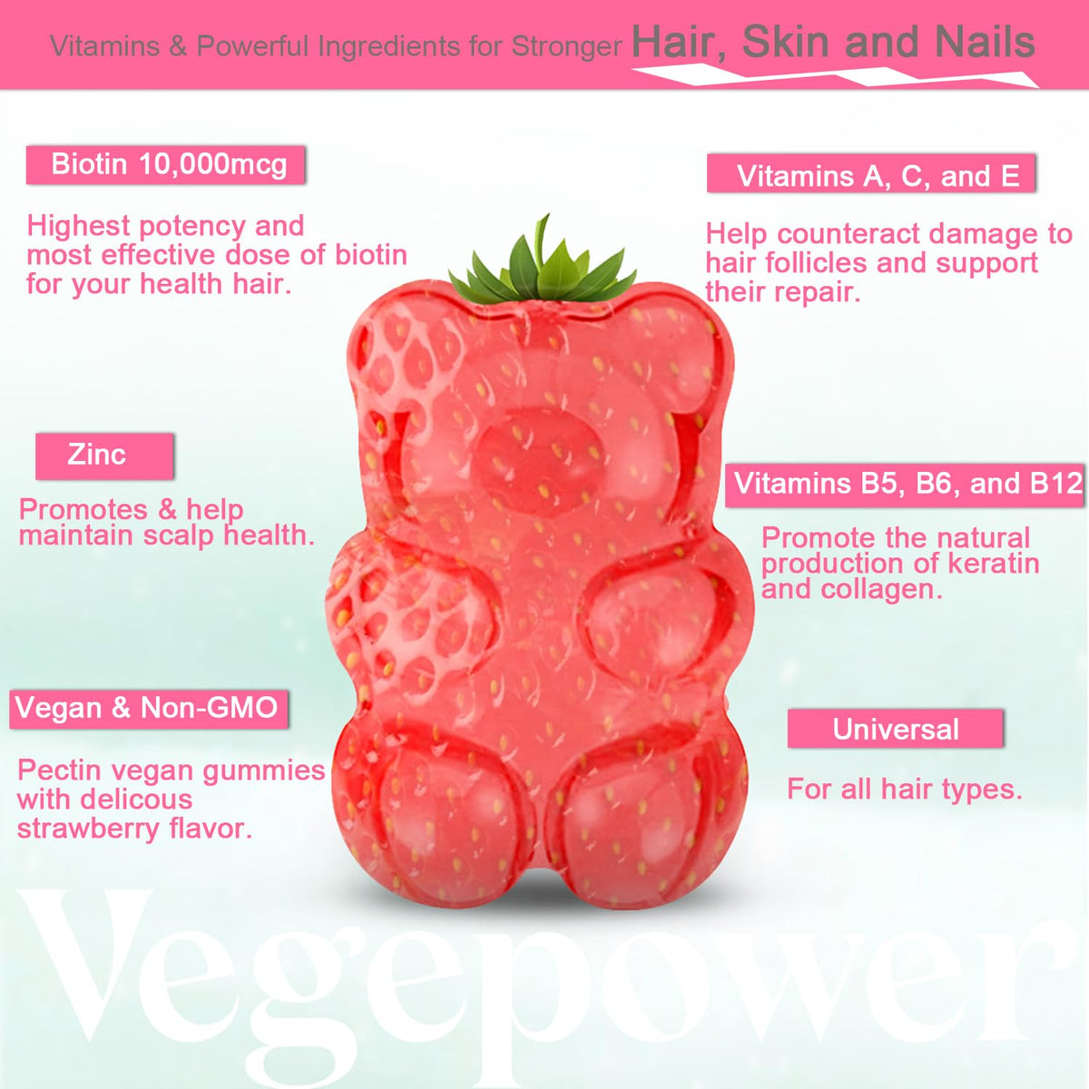 Gummies à la biotine VEGEPOWER dans une main avec un fond naturel
