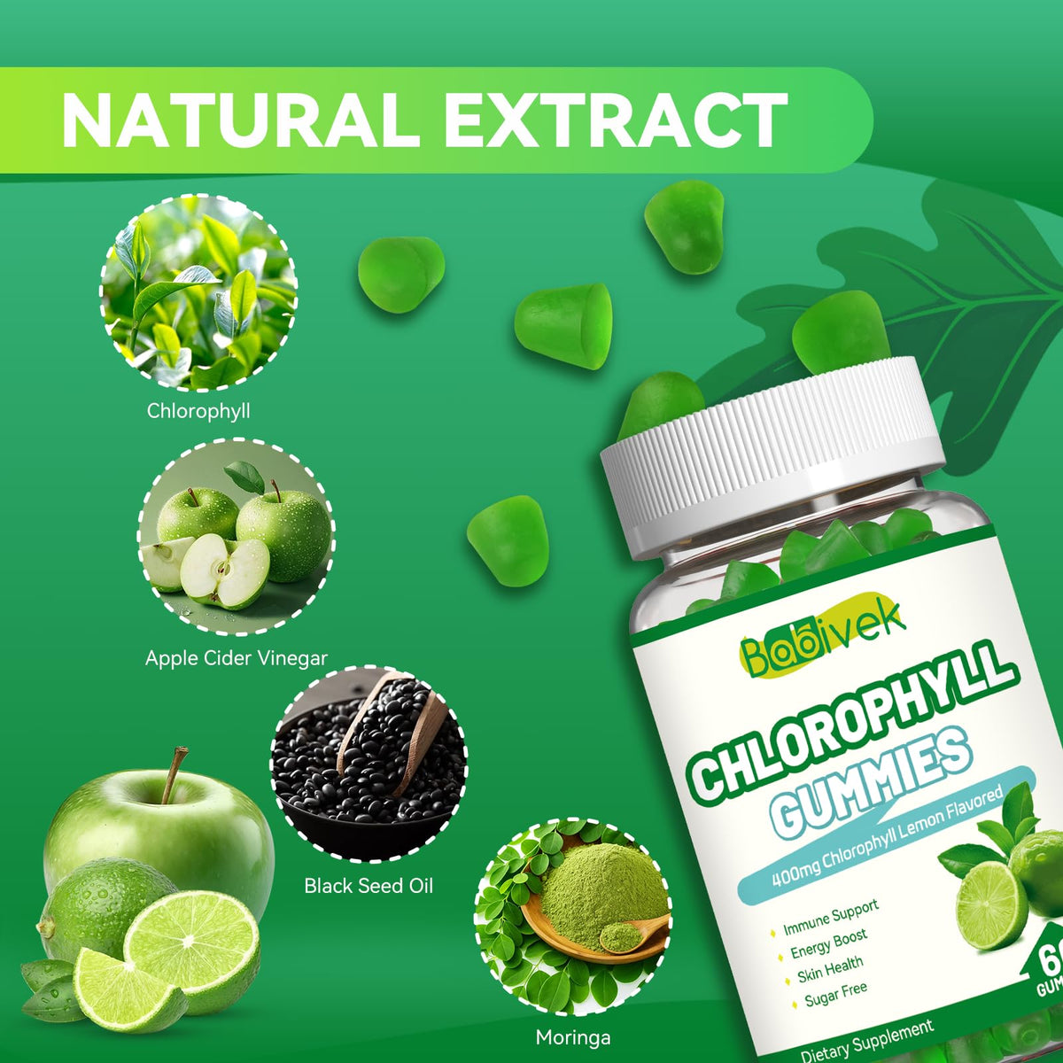 Gummies à la chlorophylle Babivek sur une table avec citron en fond