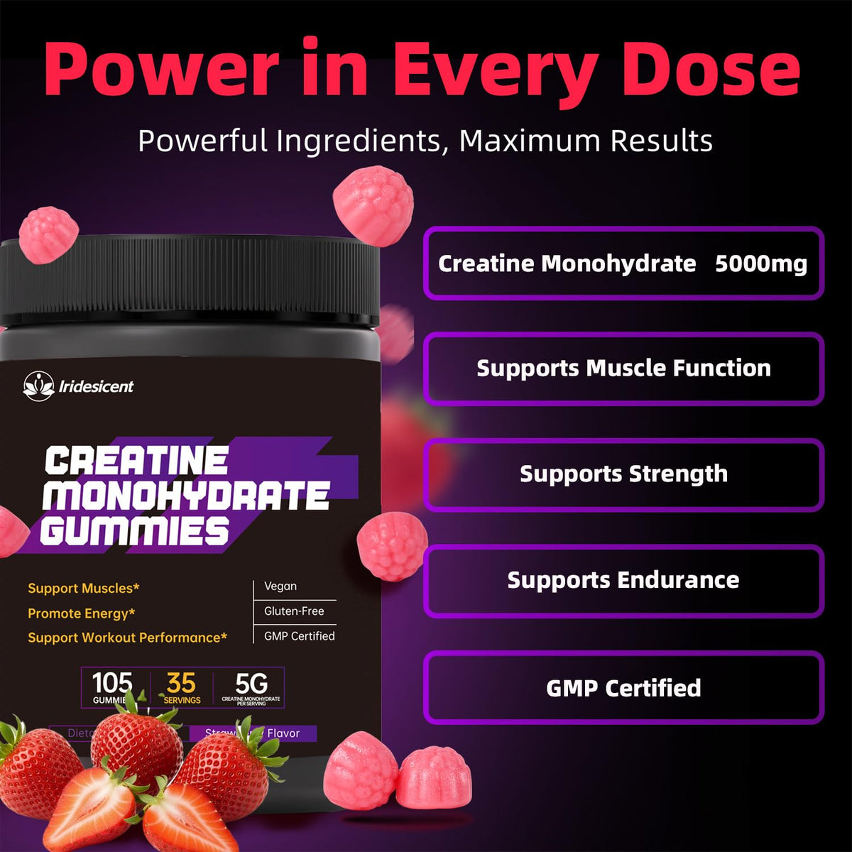 Gummies à la fraise IRIDESICENT sur une table