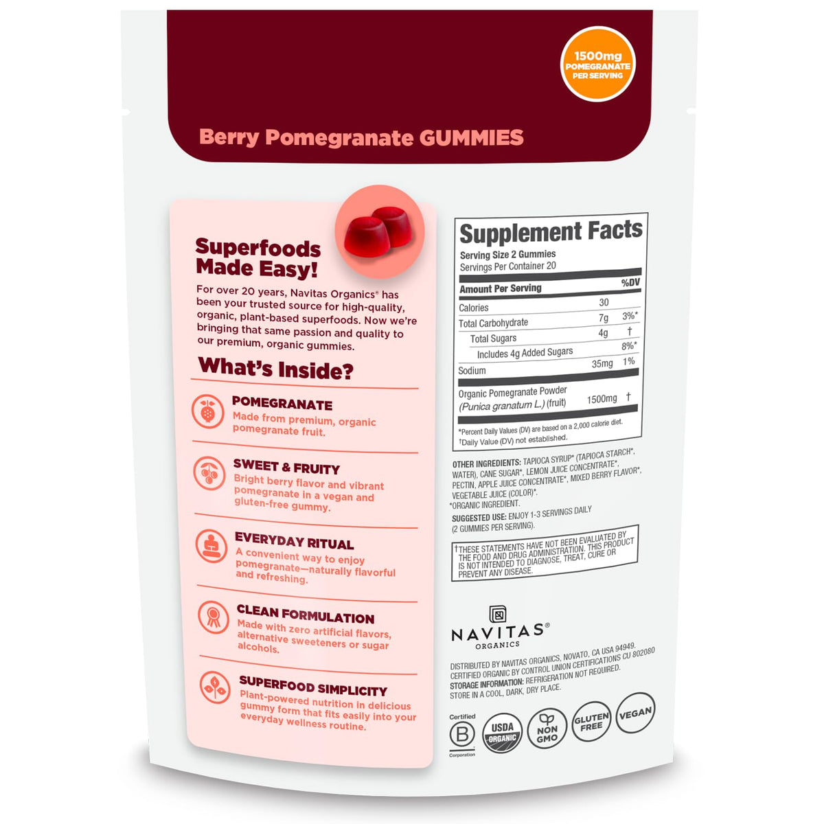 Gummies à la grenade bio Navitas Organics, vue de face montrant leur couleur vibrante