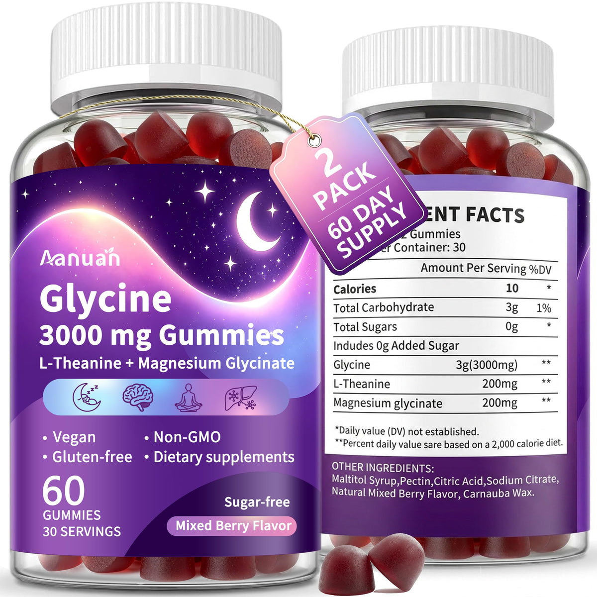 Gummies Aanuan Glycine 3g L-théanine magnésium glycinate en vue de face