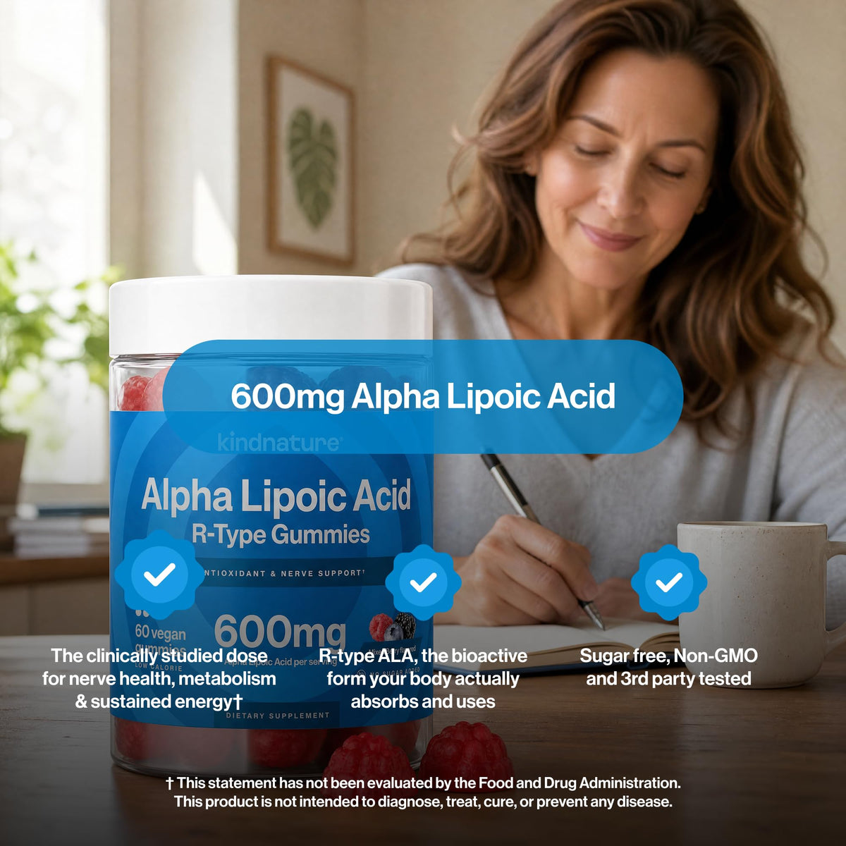 Gummies Acide Alpha-Lipoïque 600mg de kindnature, en main, prise de près