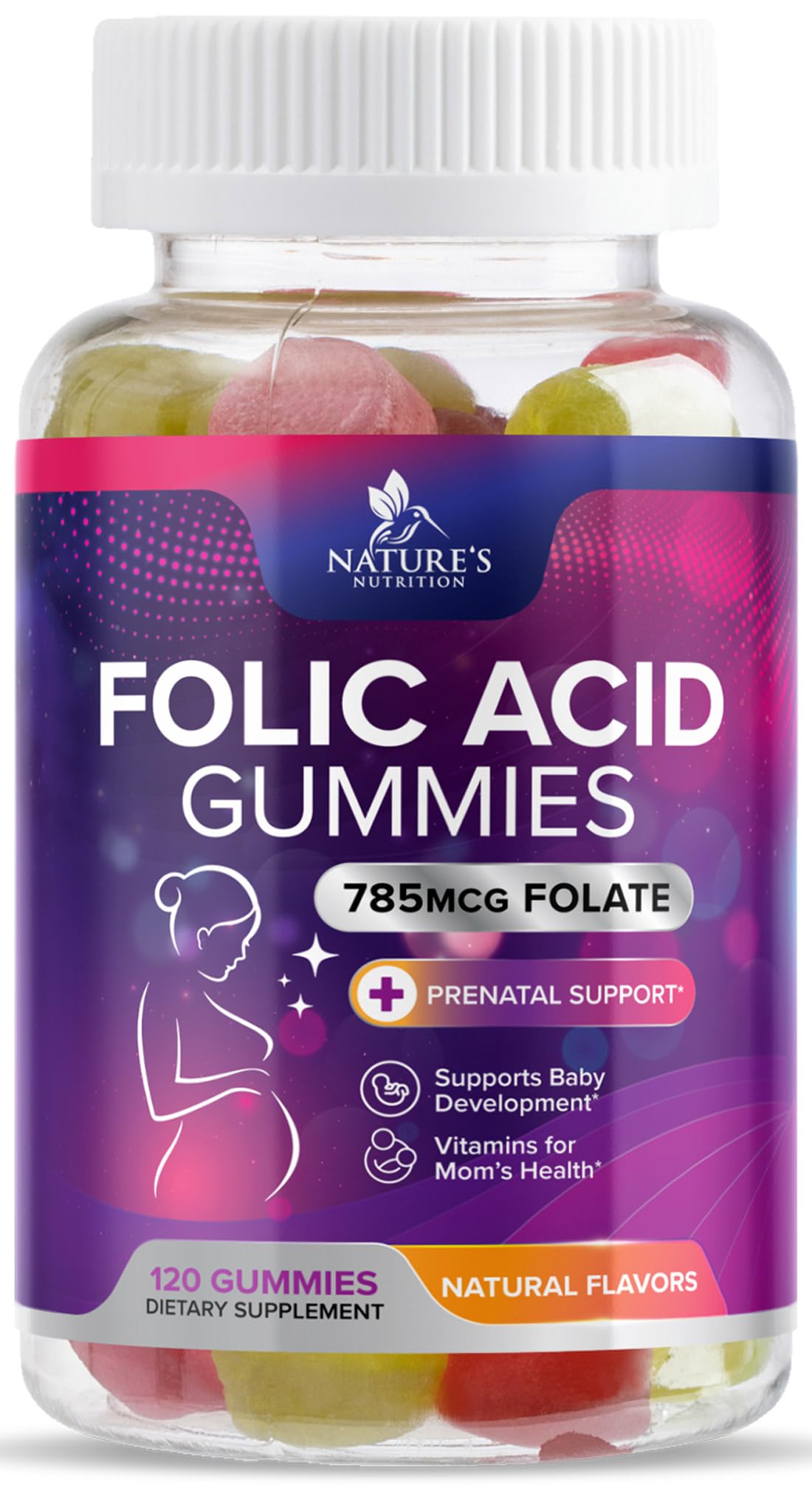 Gummies Acide Folique Nature's Nutrition paquet avant avec 120 gummies