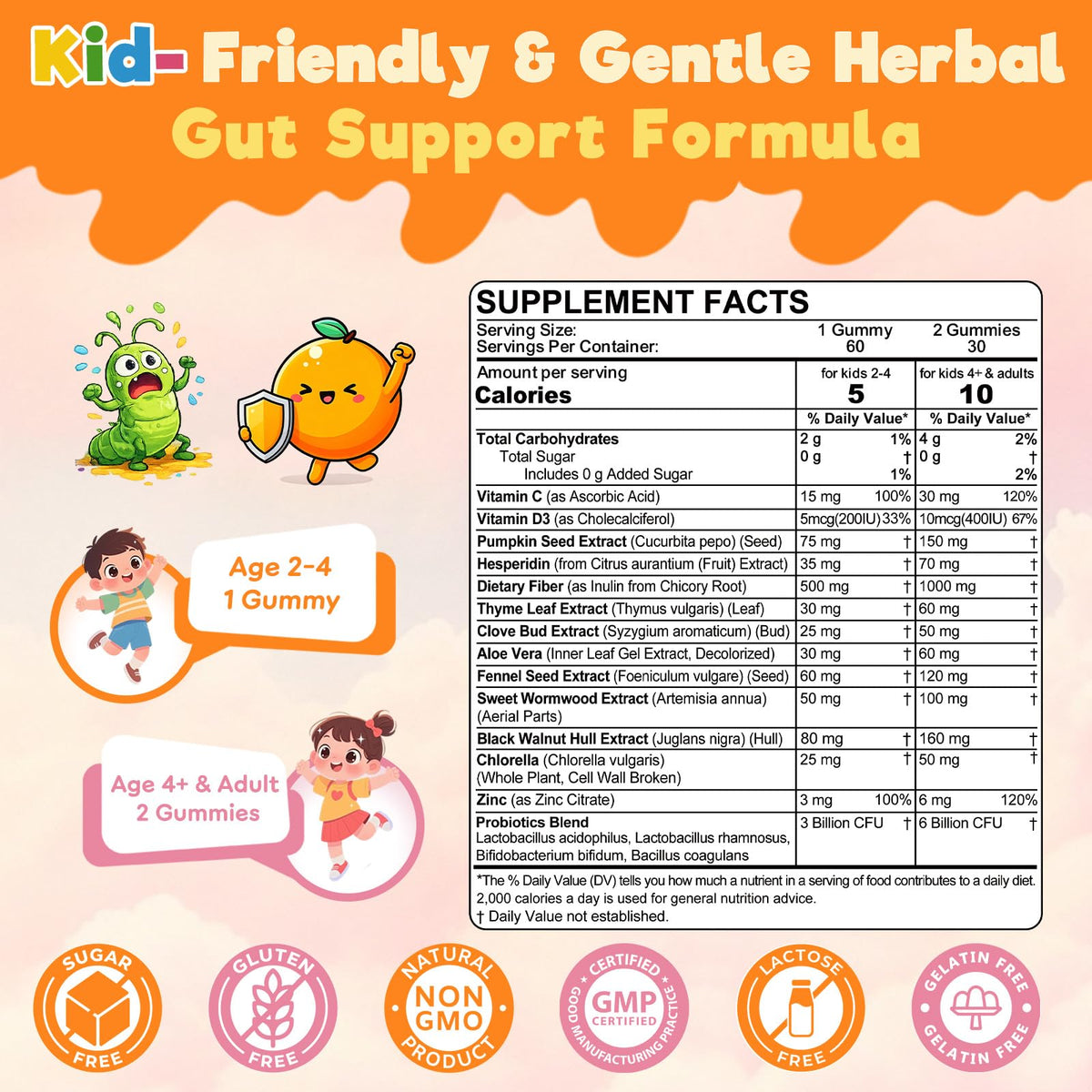 Gummies Adeqauom avec ingrédients naturels sur fond blanc