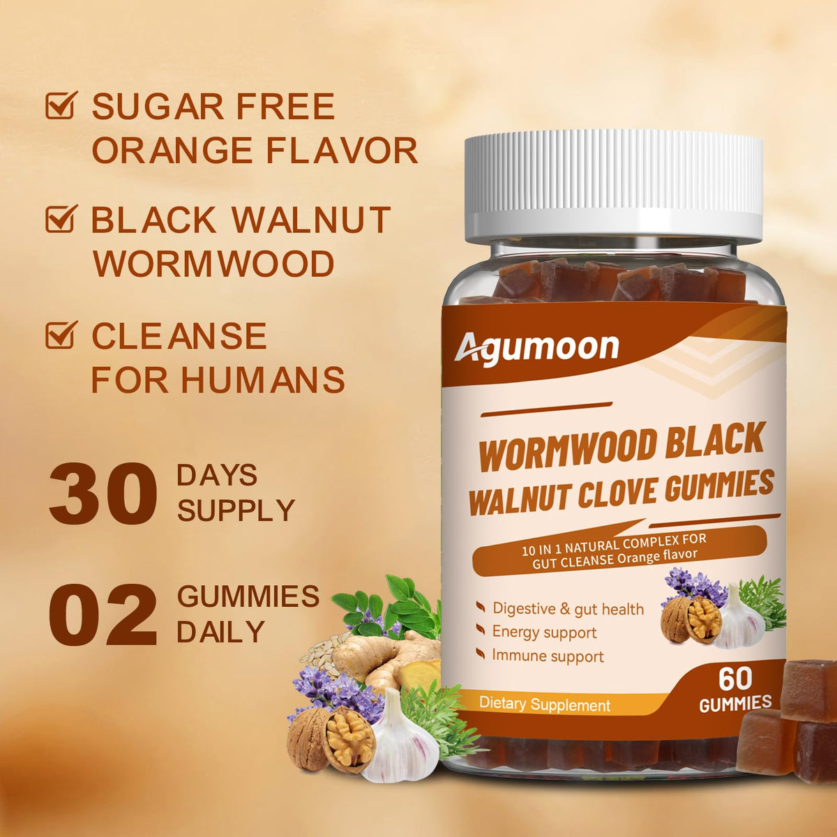 Gummies Agumoon 10-en-1, étiquette du produit en gros plan