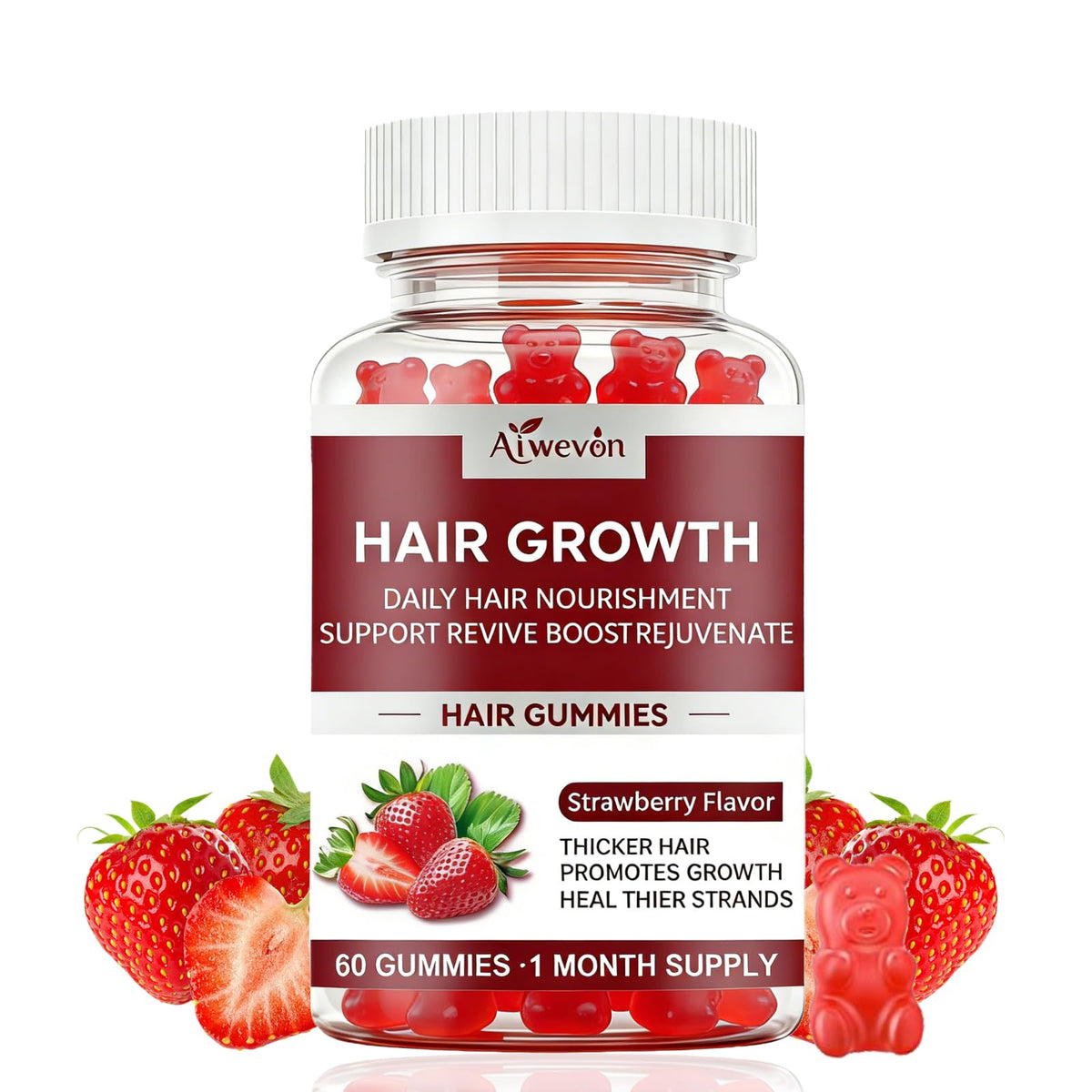 Gummies Aiwevon de croissance capillaire, bouteille de 60 gummies saveur fraise