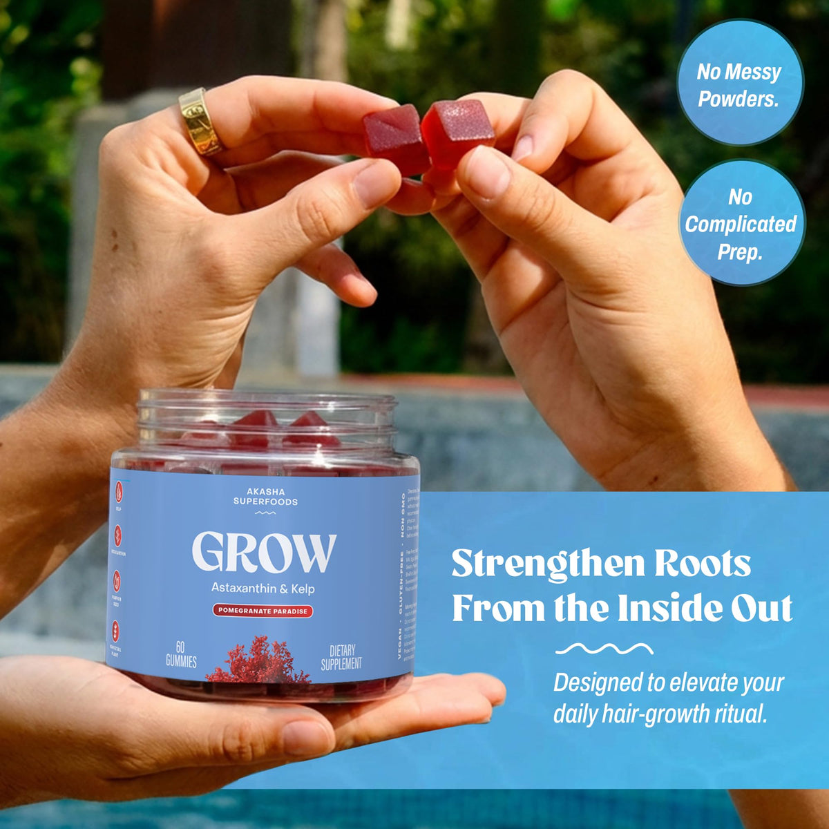 Gummies Akasha Superfoods avec un verre d'eau à côté