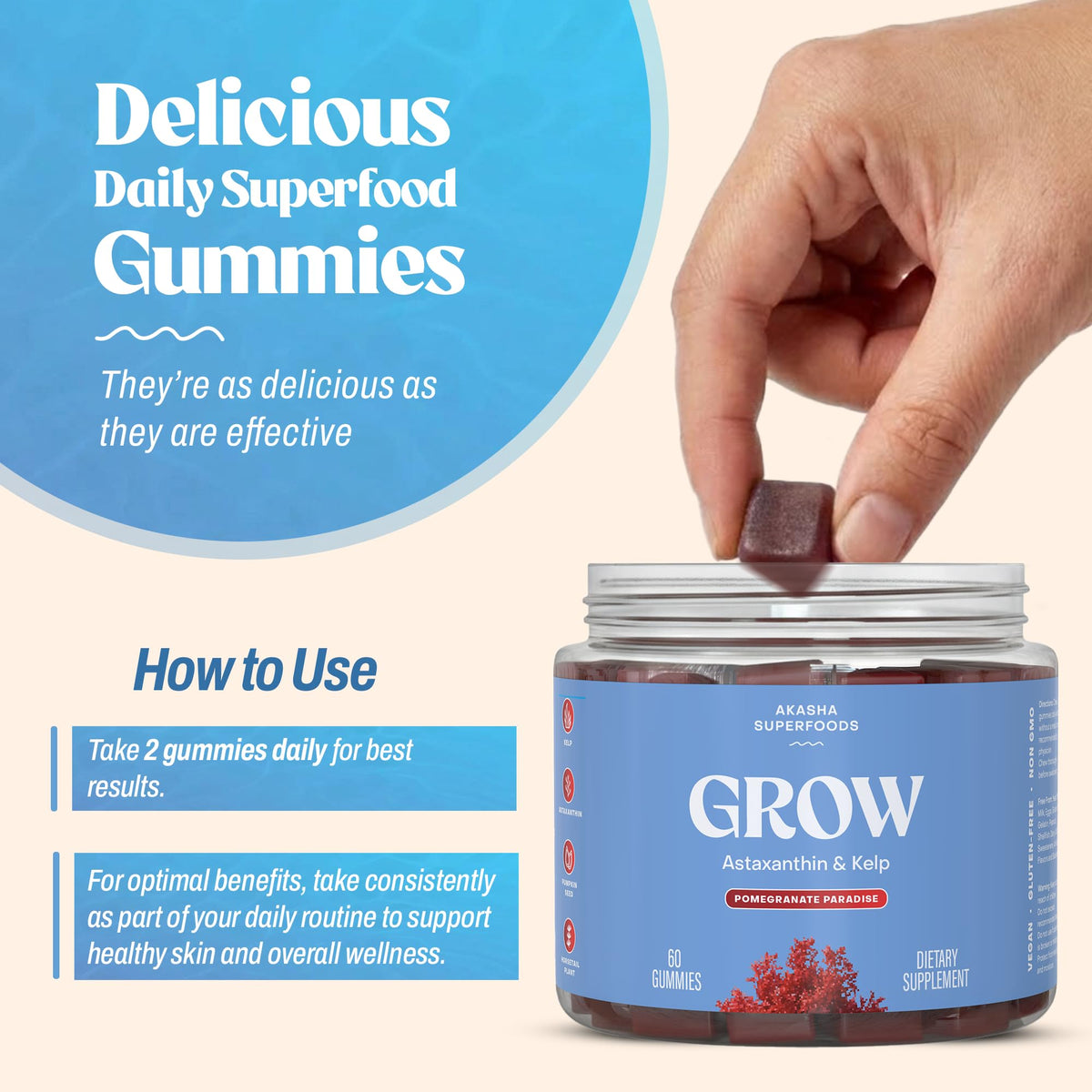 Gummies Akasha Superfoods sur une surface en bois