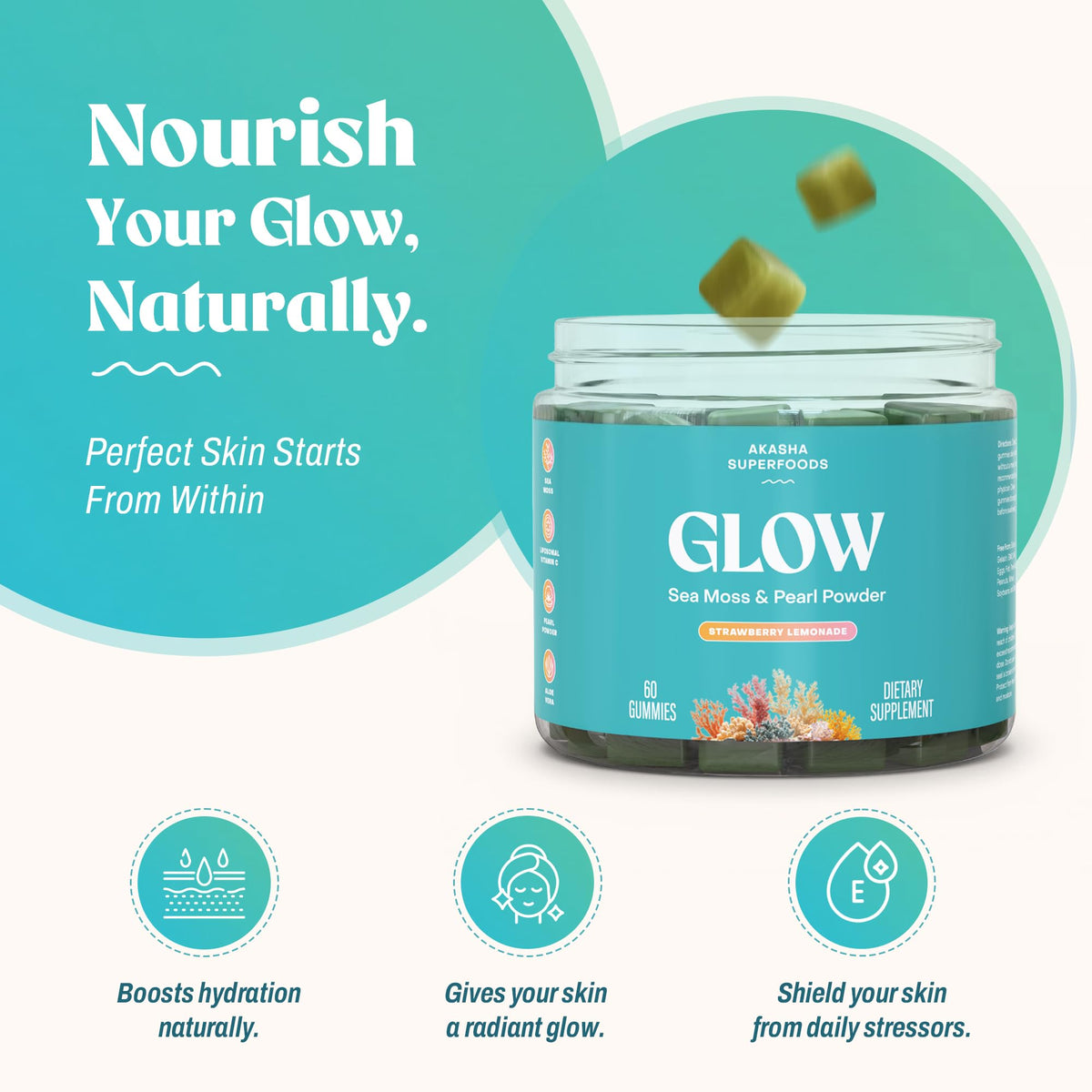 Gummies Algues Maritimes Akasha Superfoods étalées sur une surface blanche