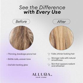Gummies ALLURA HAIR avec des ingrédients naturels en arrière-plan
