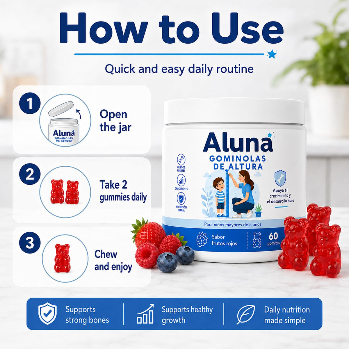 Gummies Aluna gomitas avec fruits frais en arrière-plan