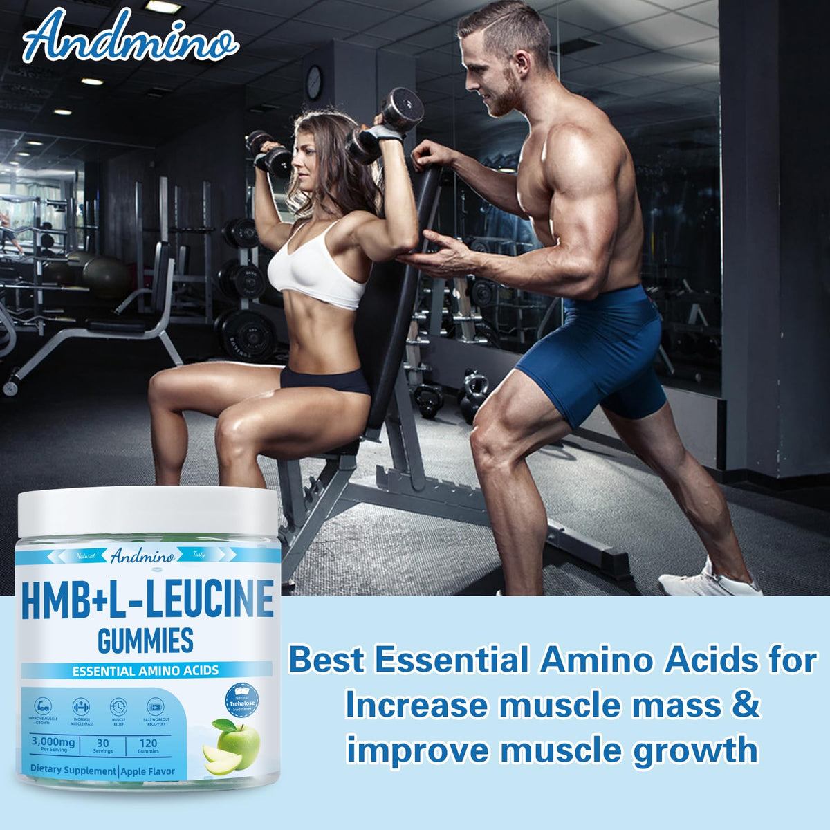 Gummies andmino HMB et L-Leucine 3000mg, ingrédients listés sur l'emballage