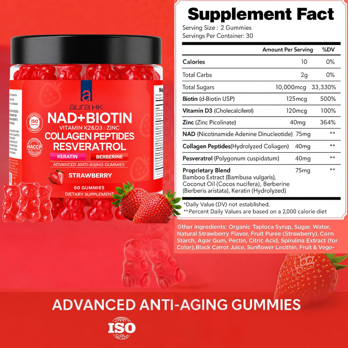 Gummies anti-âge aura HK avec ingrédients visibles