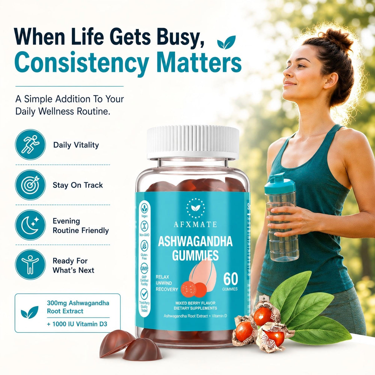 Gummies Ashwagandha AFXMATE en gros plan sur une cuillère