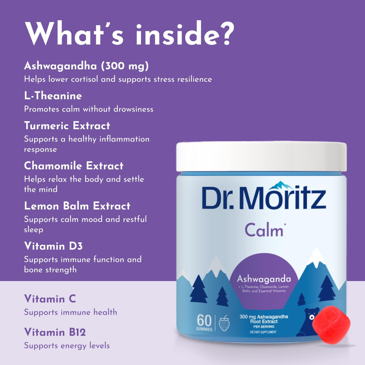 Gummies Ashwagandha DR. MORITZ avec une main tenant un gummy