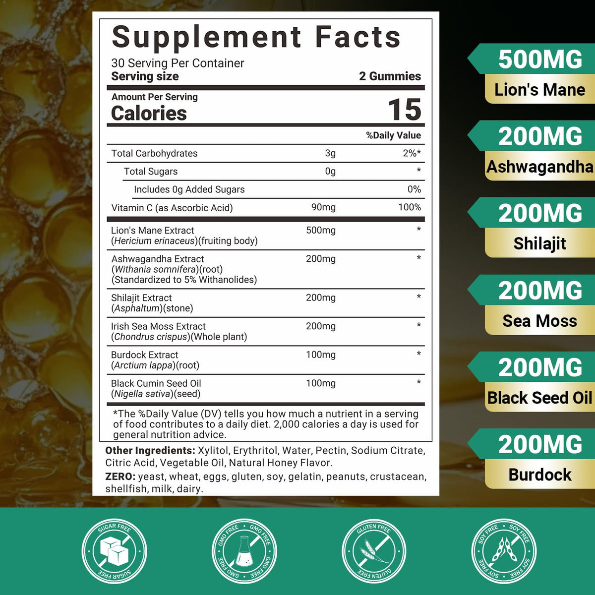 Gummies Ashwagandha et Lion's Mane de Wiszeen, vue arrière