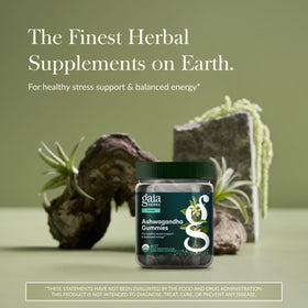 Gummies Ashwagandha Gaia Herbs avec des fruits naturels sur une table