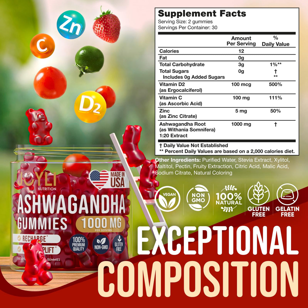 Gummies Ashwagandha JOYLI Nutrition avec un fond naturel