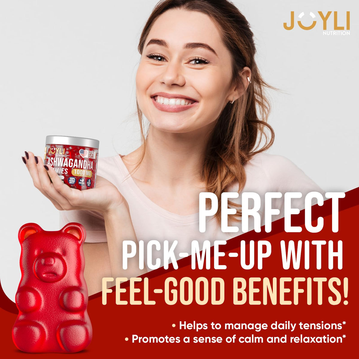 Gummies Ashwagandha JOYLI Nutrition sur une table en bois