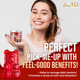 Gummies Ashwagandha JOYLI Nutrition sur une table en bois