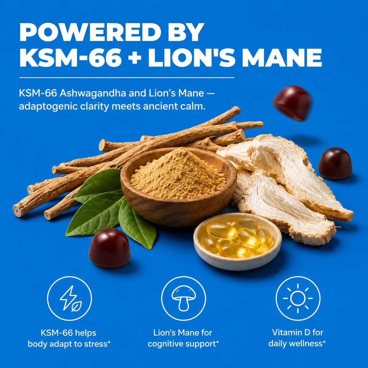 Gummies Ashwagandha KSM-66 et Lion's Mane montrant la texture