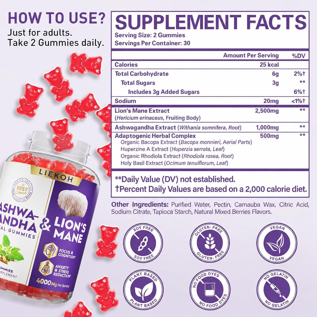 Gummies Ashwagandha Liekoh sur fond blanc