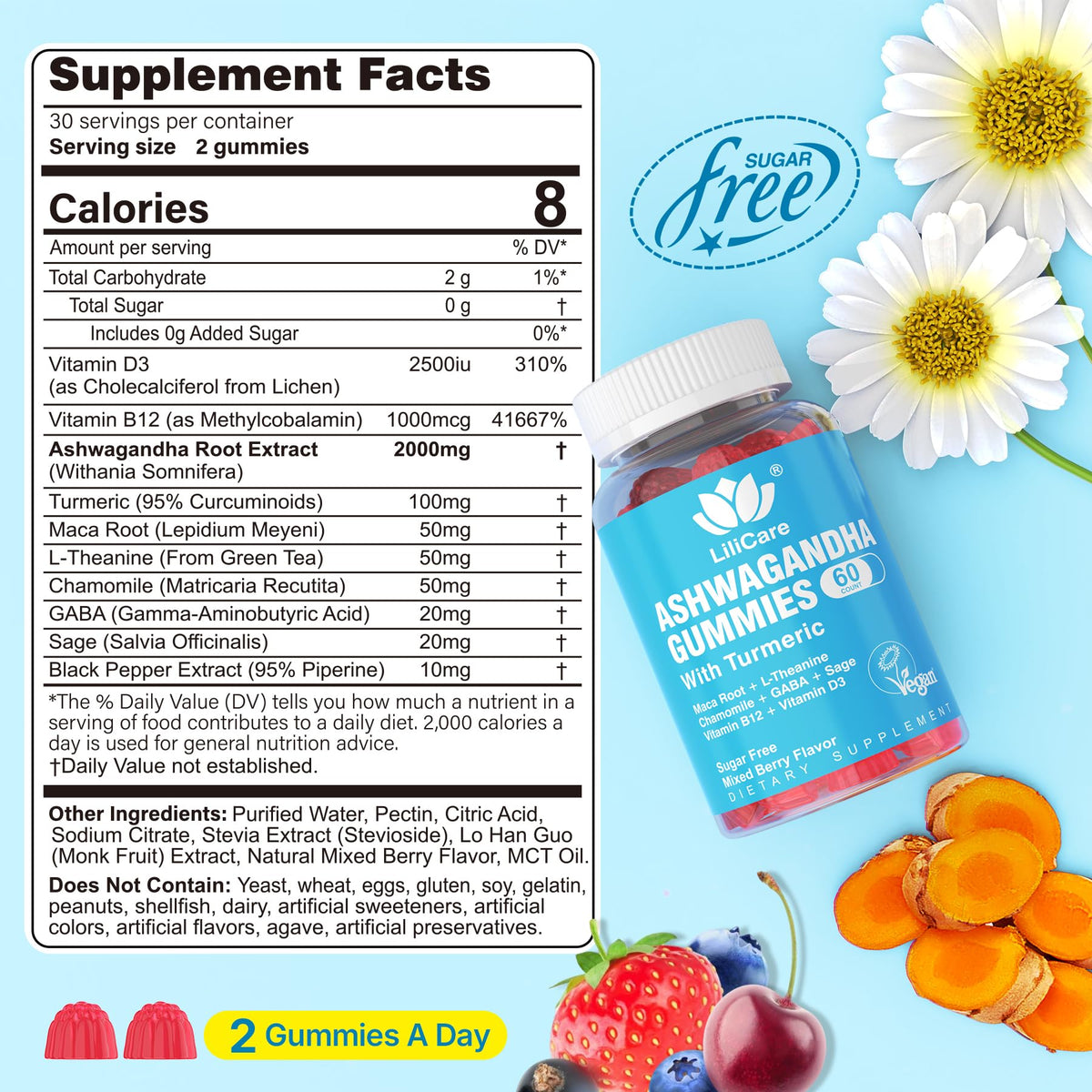 Gummies Ashwagandha LILICARE 2000mg vue arrière avec ingrédients