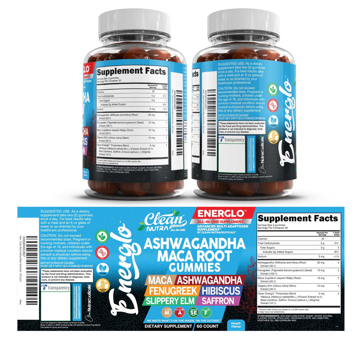 Gummies Ashwagandha Maca avec ingrédients naturels autour