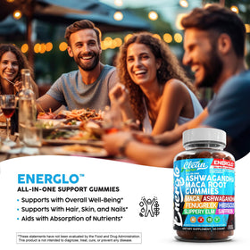 Gummies Ashwagandha Maca avec plusieurs gummies sur une table
