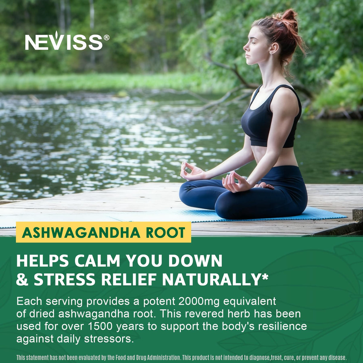 Gummies Ashwagandha NEVISS 2000mg sur une table avec des ingrédients naturels
