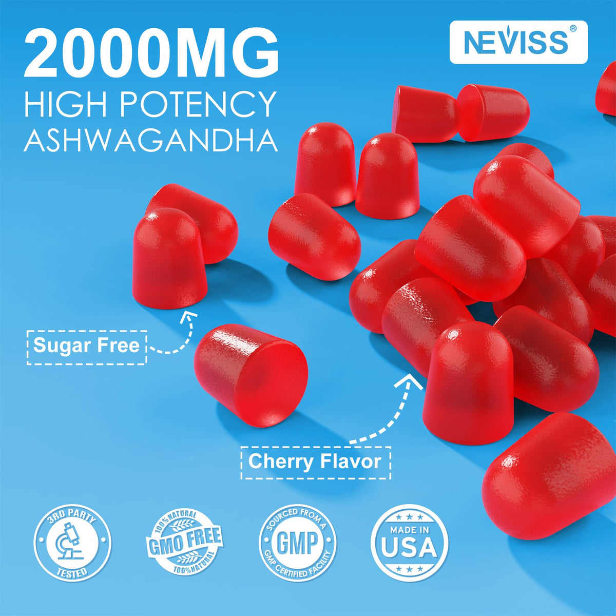 Gummies Ashwagandha NEVISS sur une table en bois
