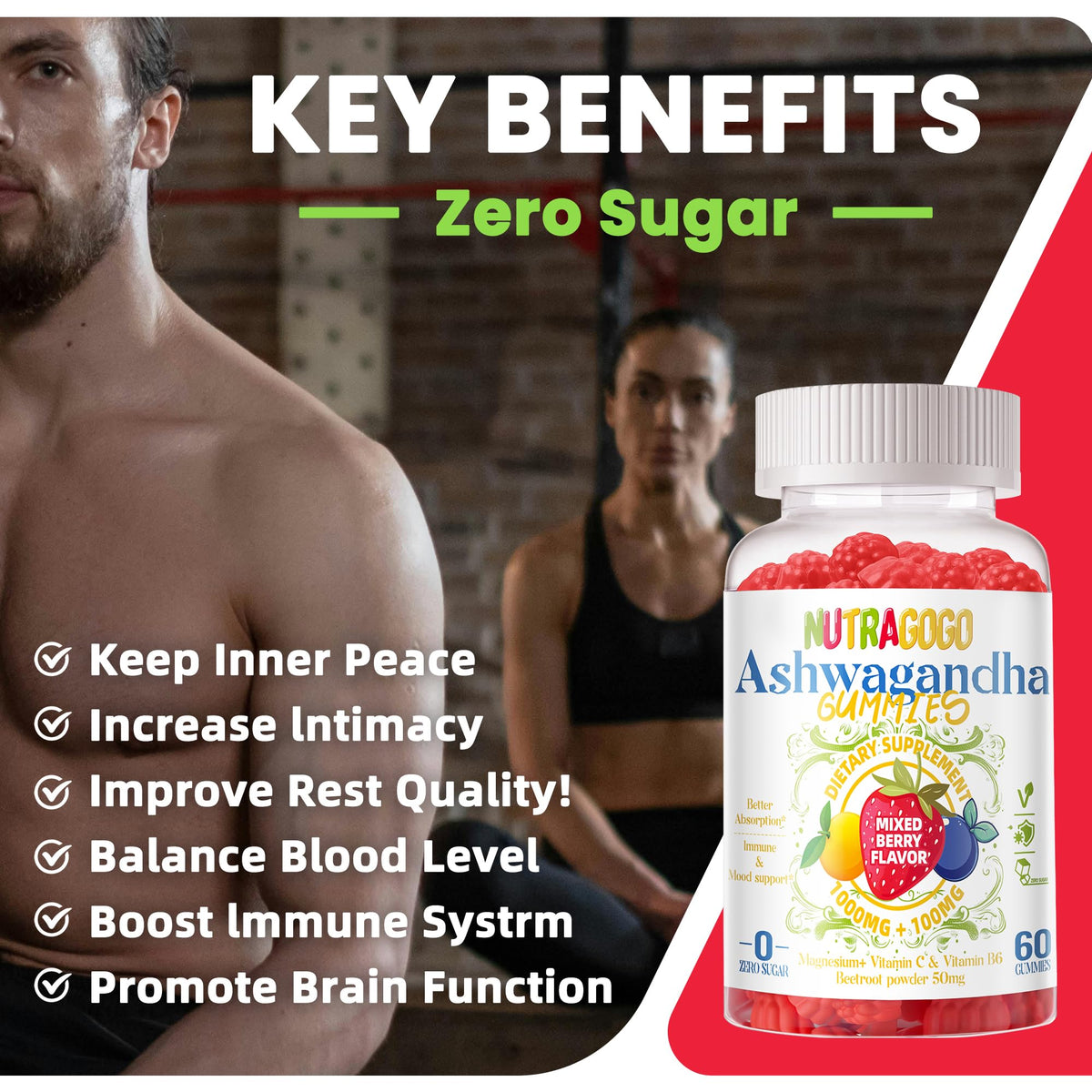 Gummies Ashwagandha NUTRAGOGO à côté d'un verre d'eau